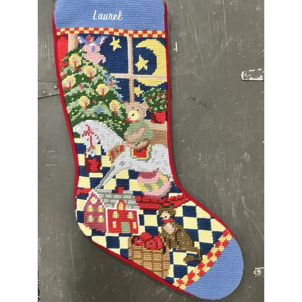 Vtg Personalized Needlepoint Christmas Stockingl Laurel toys vintage horse tree